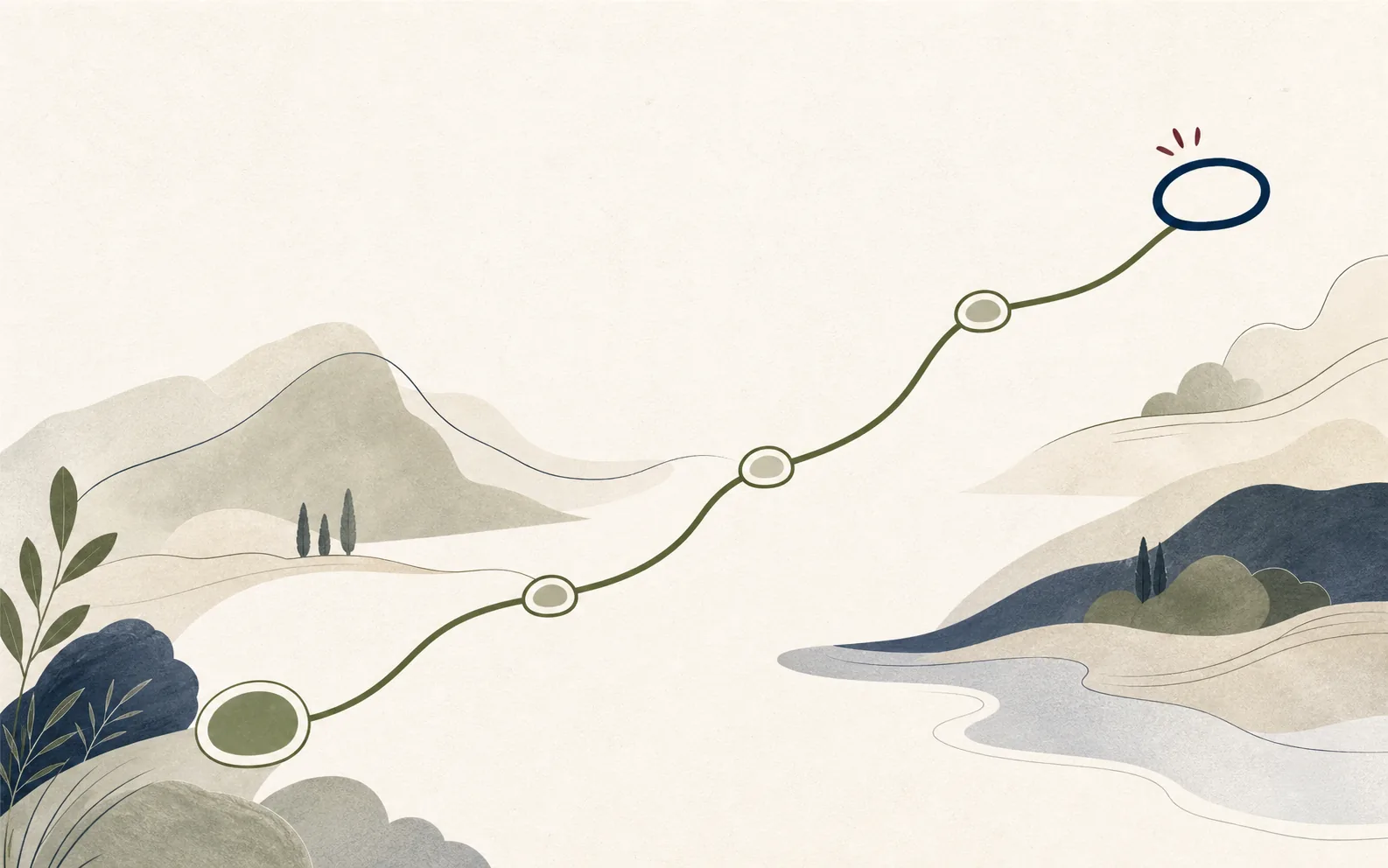 Editorial illustration of a single route through a landscape with three waypoints